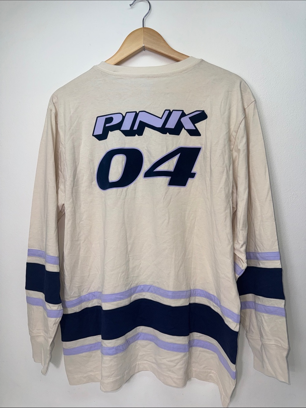 PINK Victoria's Secret Cream Crewneck Sweater with Navy & Lavender Graphics